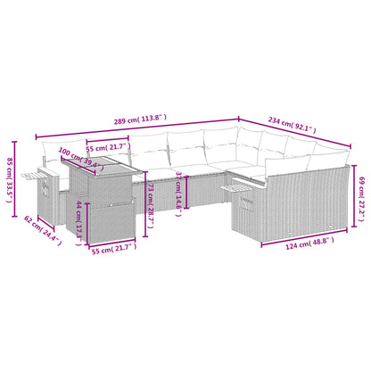 10-delige Loungeset met kussens poly rattan zwart