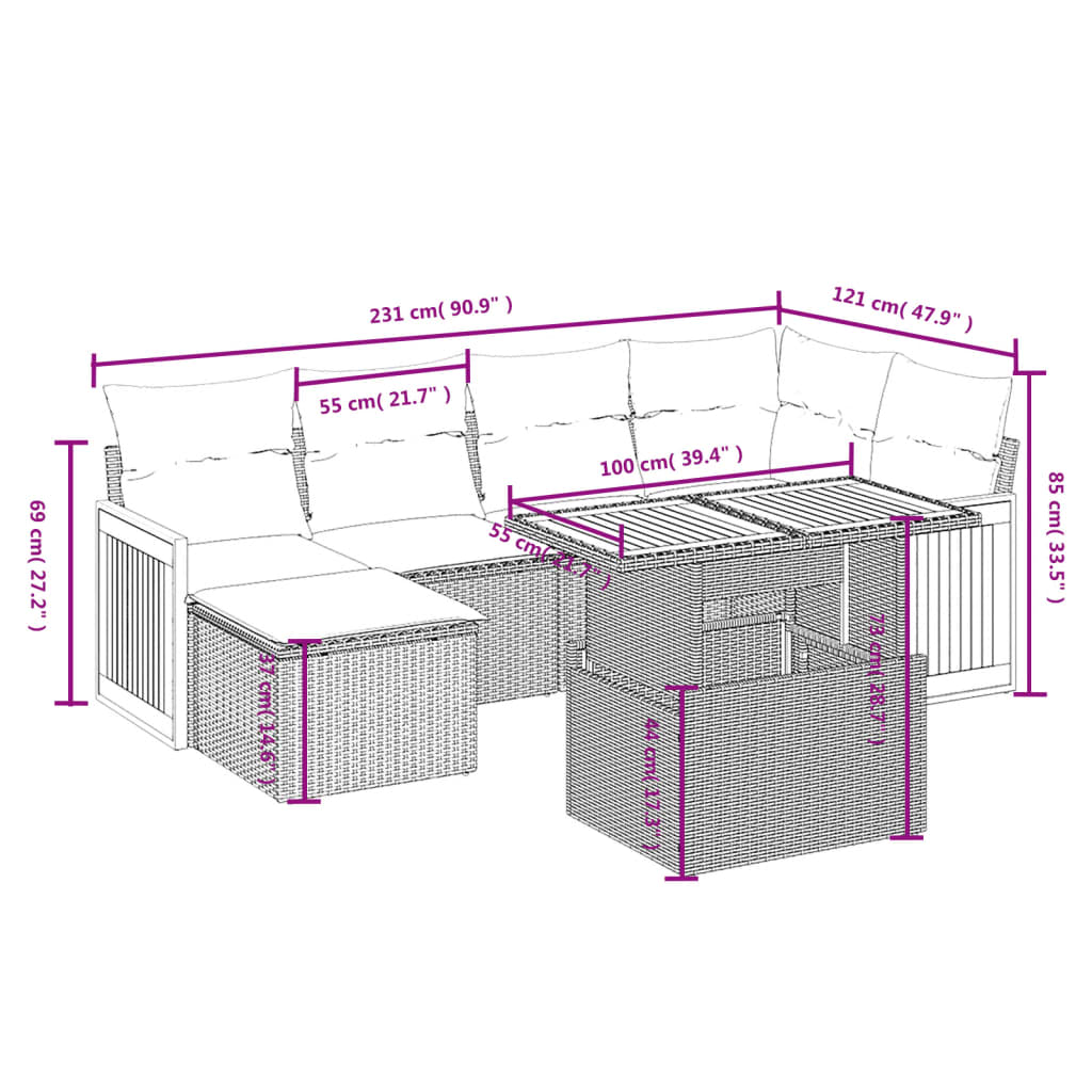 7-delige Loungeset met kussens poly rattan grijs