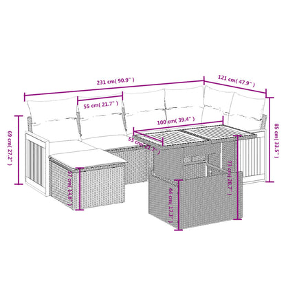 7-delige Loungeset met kussens poly rattan grijs