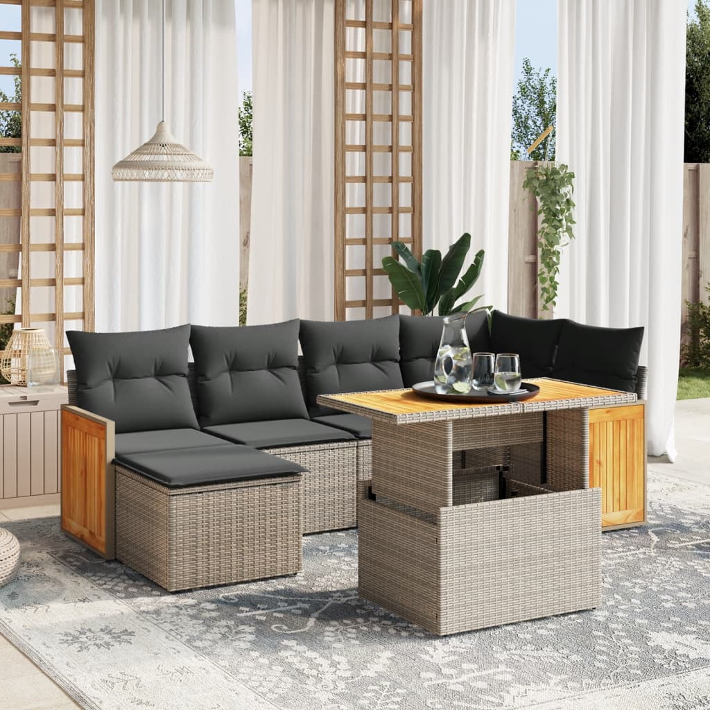 7-delige Loungeset met kussens poly rattan grijs