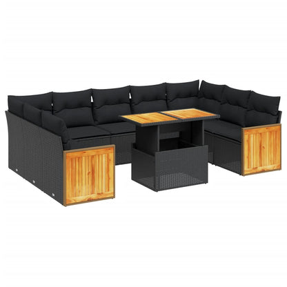 10-delige Loungeset met kussens poly rattan zwart