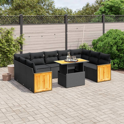 10-delige Loungeset met kussens poly rattan zwart