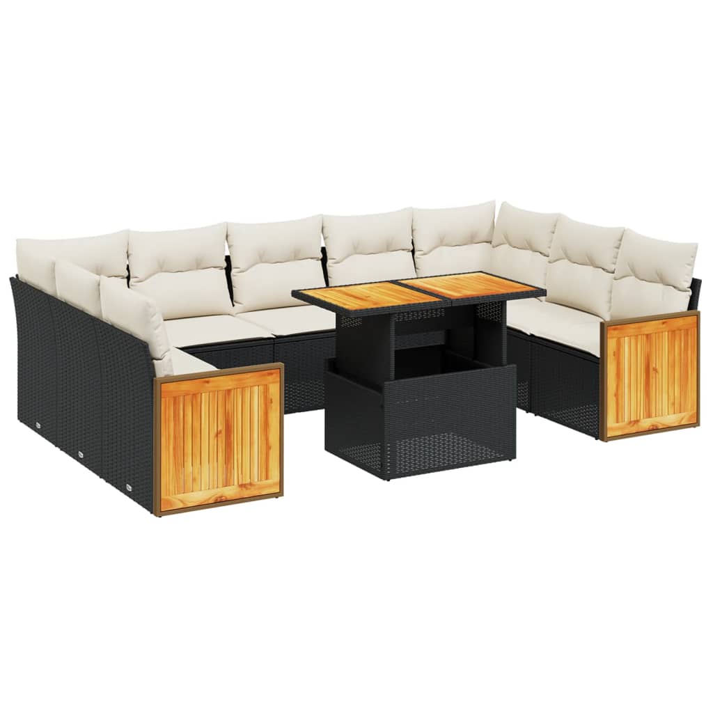 10-delige Loungeset met kussens poly rattan zwart