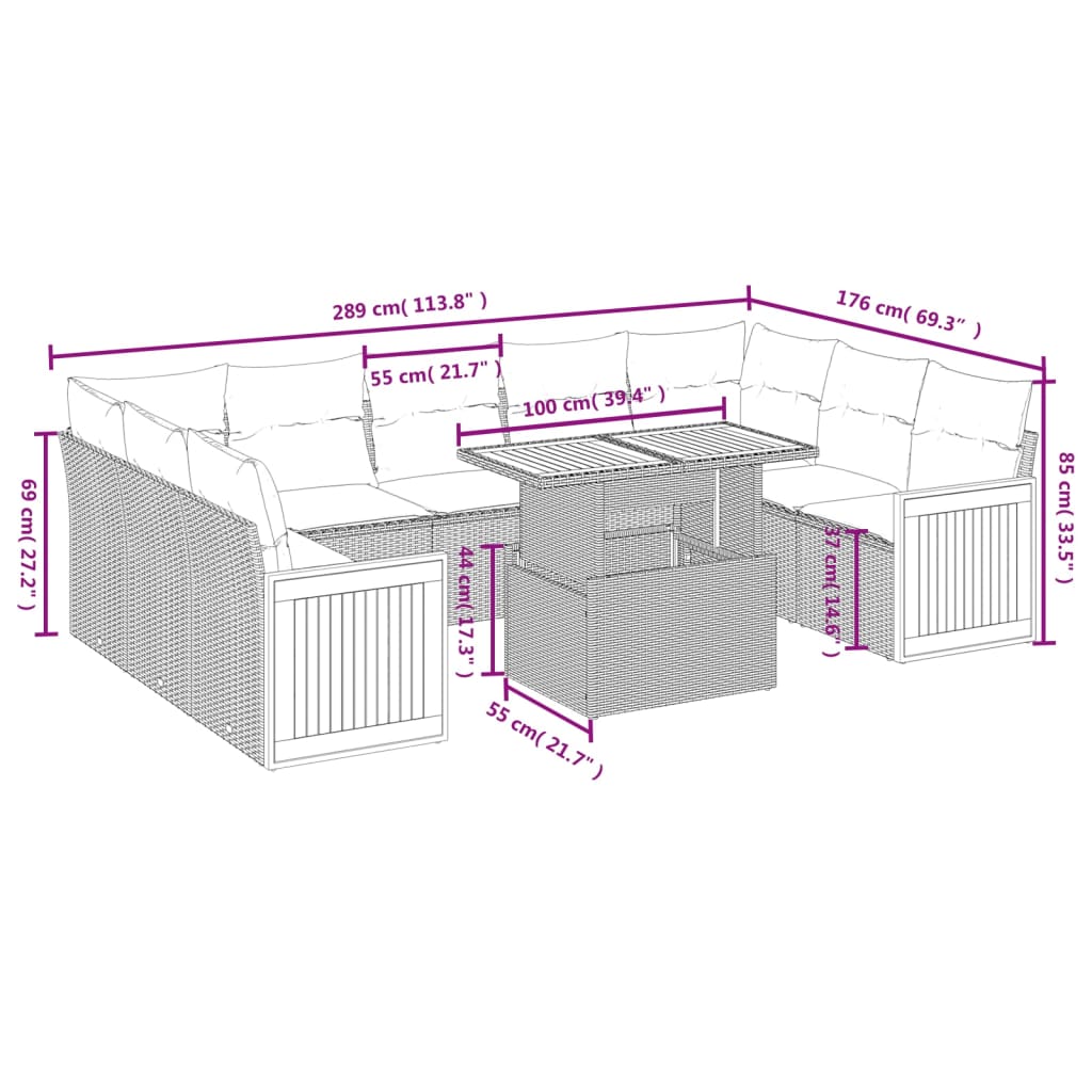 10-delige Loungeset met kussens poly rattan zwart