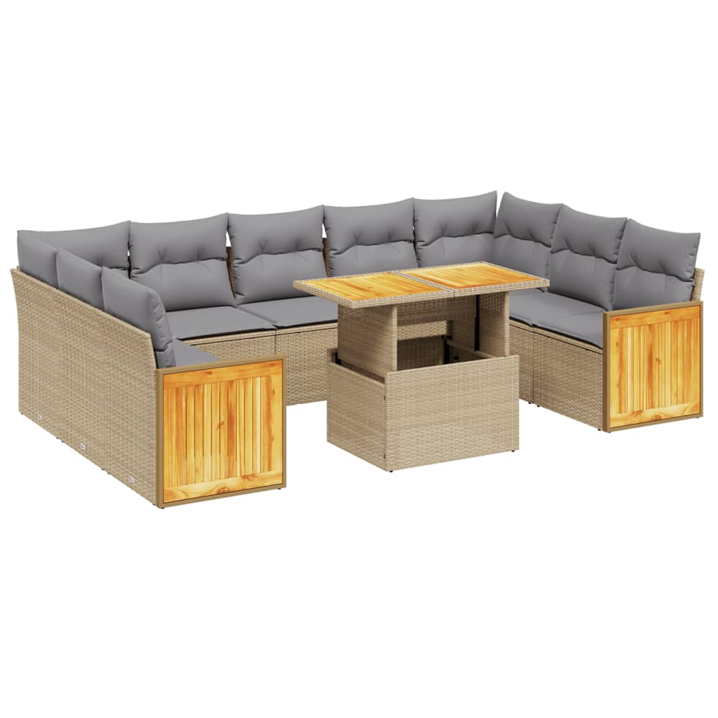 10-delige Loungeset met kussens poly rattan beige