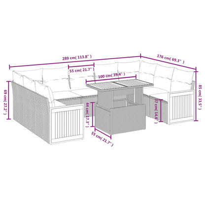 10-delige Loungeset met kussens poly rattan grijs