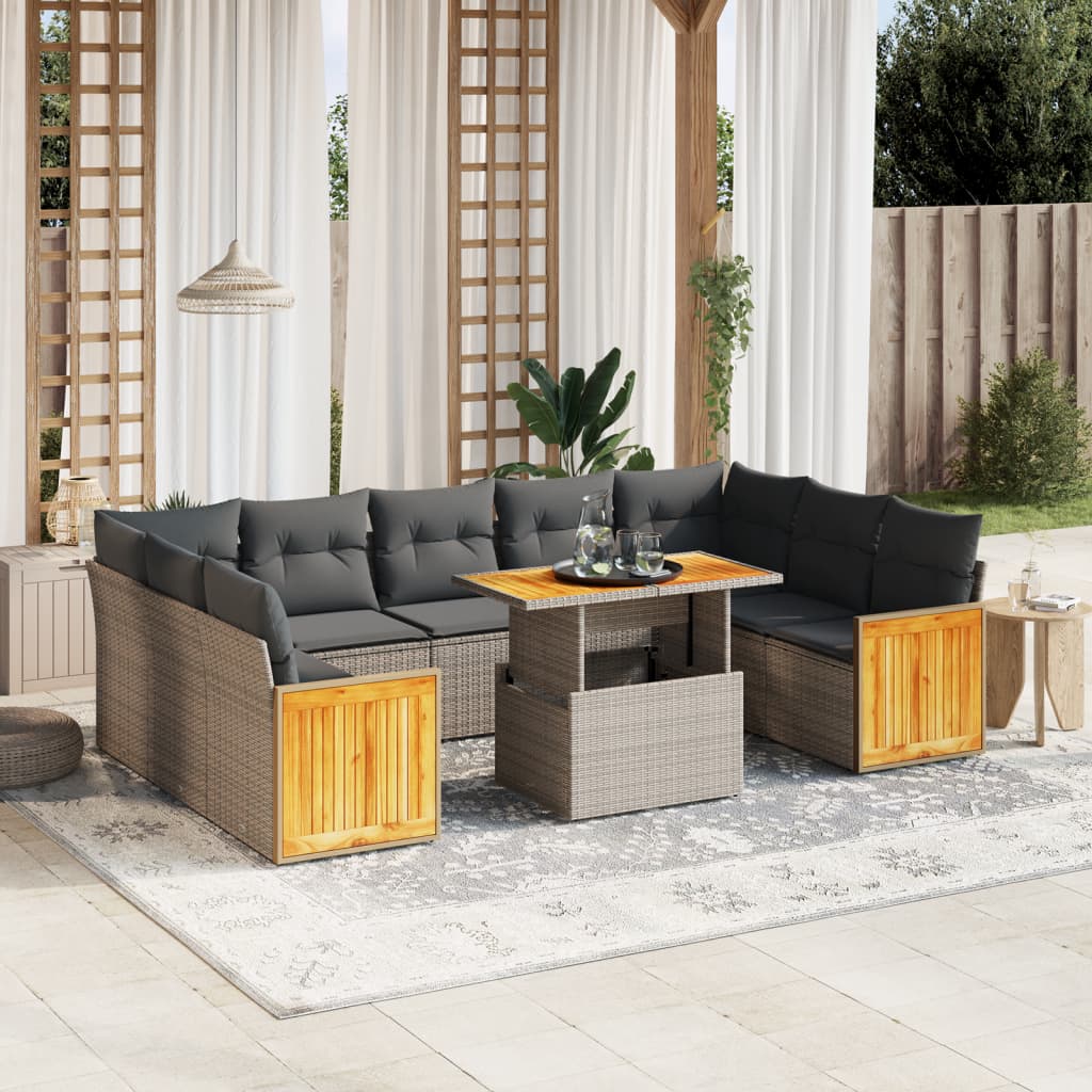 10-delige Loungeset met kussens poly rattan grijs