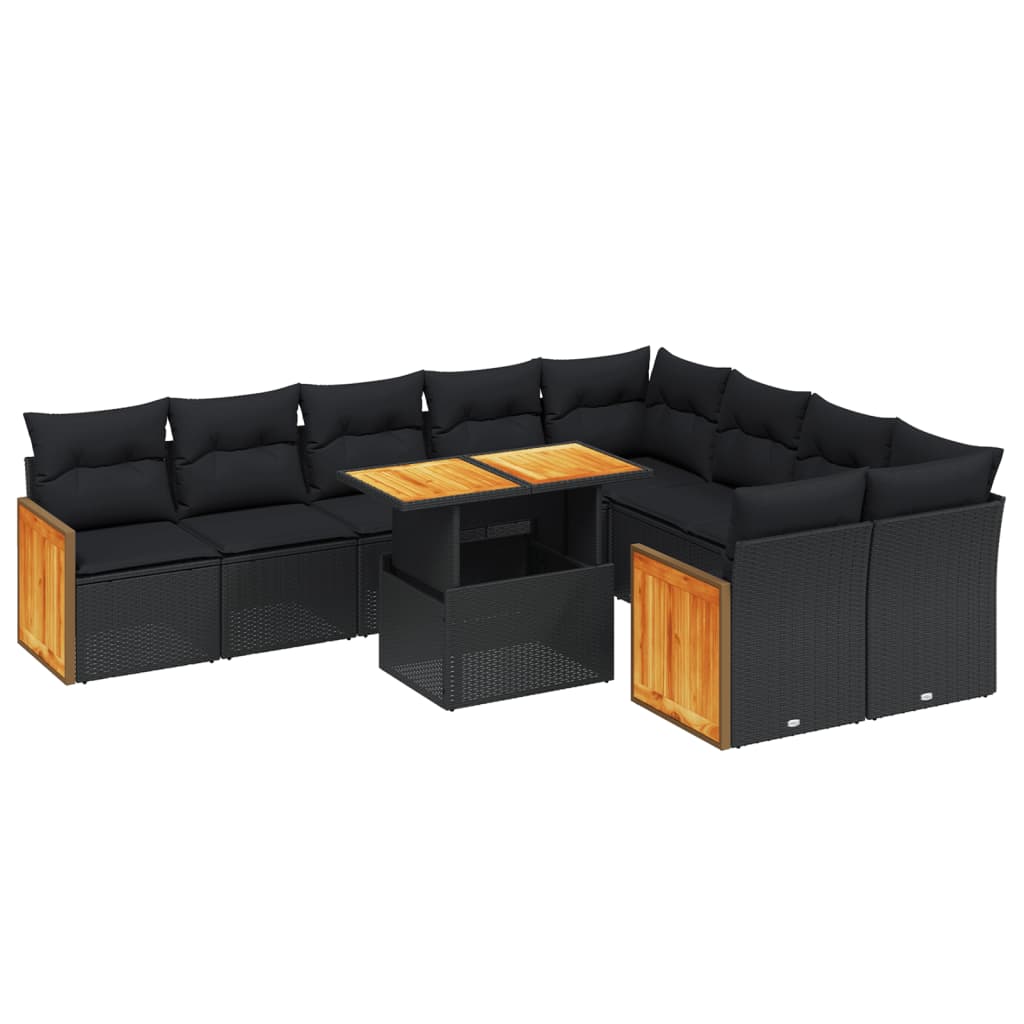 10-delige Loungeset met kussens poly rattan zwart