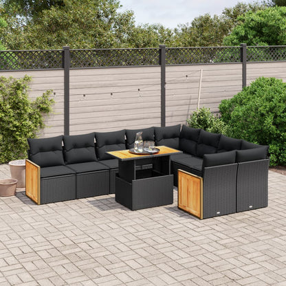 10-delige Loungeset met kussens poly rattan zwart