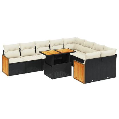 10-delige Loungeset met kussens poly rattan zwart