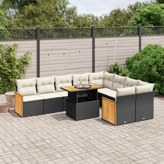 10-delige Loungeset met kussens poly rattan zwart