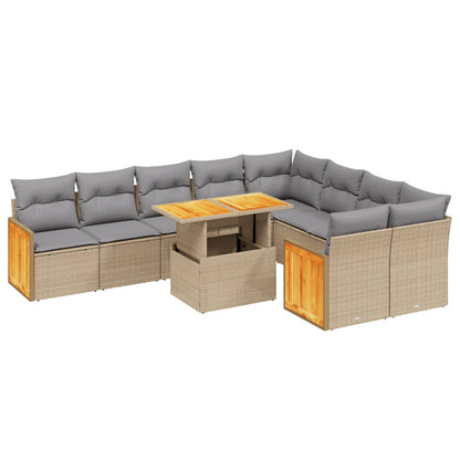 10-delige Loungeset met kussens poly rattan beige