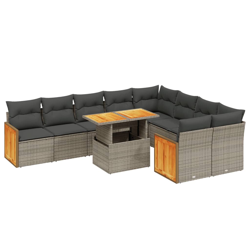 10-delige Loungeset met kussens poly rattan grijs