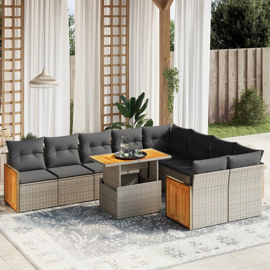 10-delige Loungeset met kussens poly rattan grijs