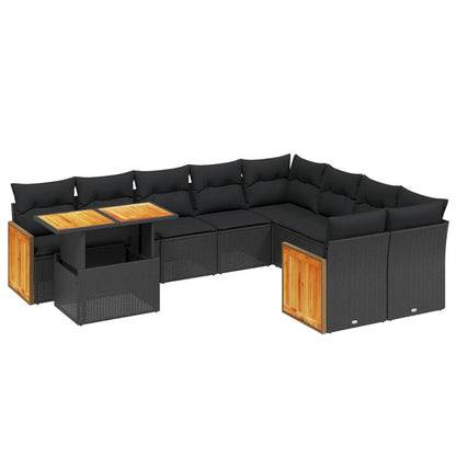 10-delige Loungeset met kussens poly rattan zwart