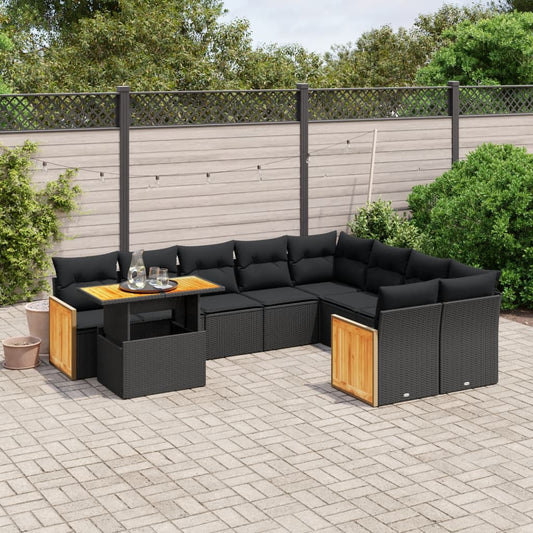 10-delige Loungeset met kussens poly rattan zwart