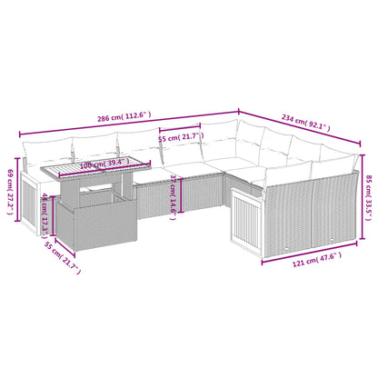 10-delige Loungeset met kussens poly rattan zwart