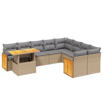 10-delige Loungeset met kussens poly rattan beige