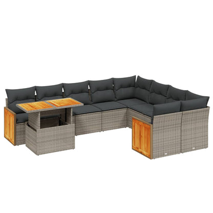 10-delige Loungeset met kussens poly rattan grijs