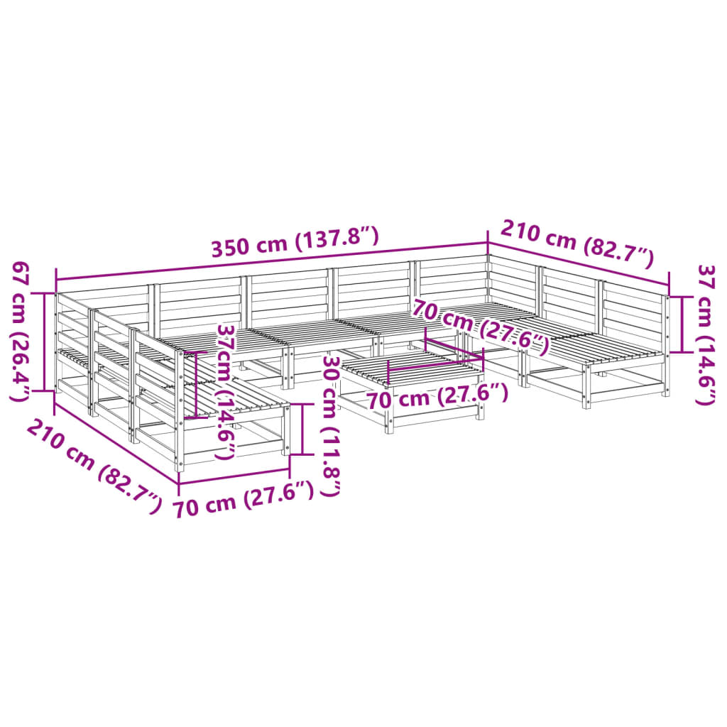 10-delige Loungeset massief grenenhout wasbruin