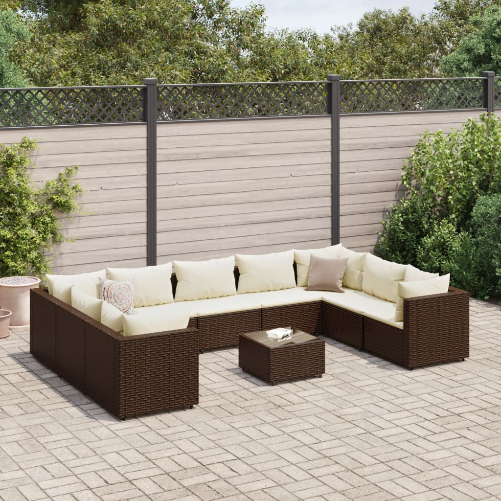 10-delige Loungeset met kussens poly rattan bruin