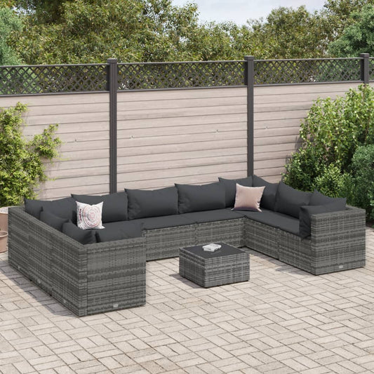 10-delige Loungeset met kussens poly rattan grijs