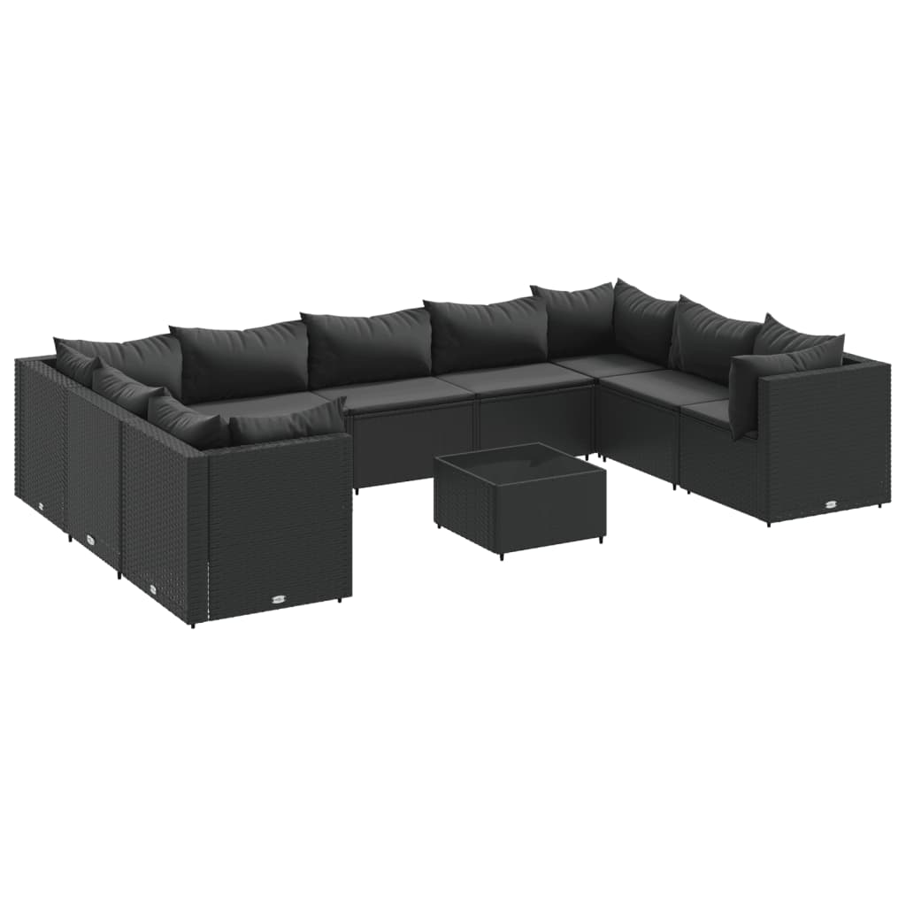 10-delige Loungeset met kussens poly rattan zwart