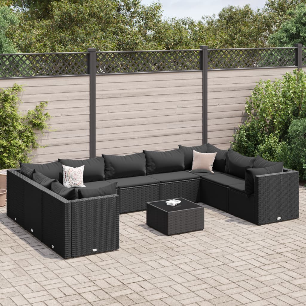 10-delige Loungeset met kussens poly rattan zwart