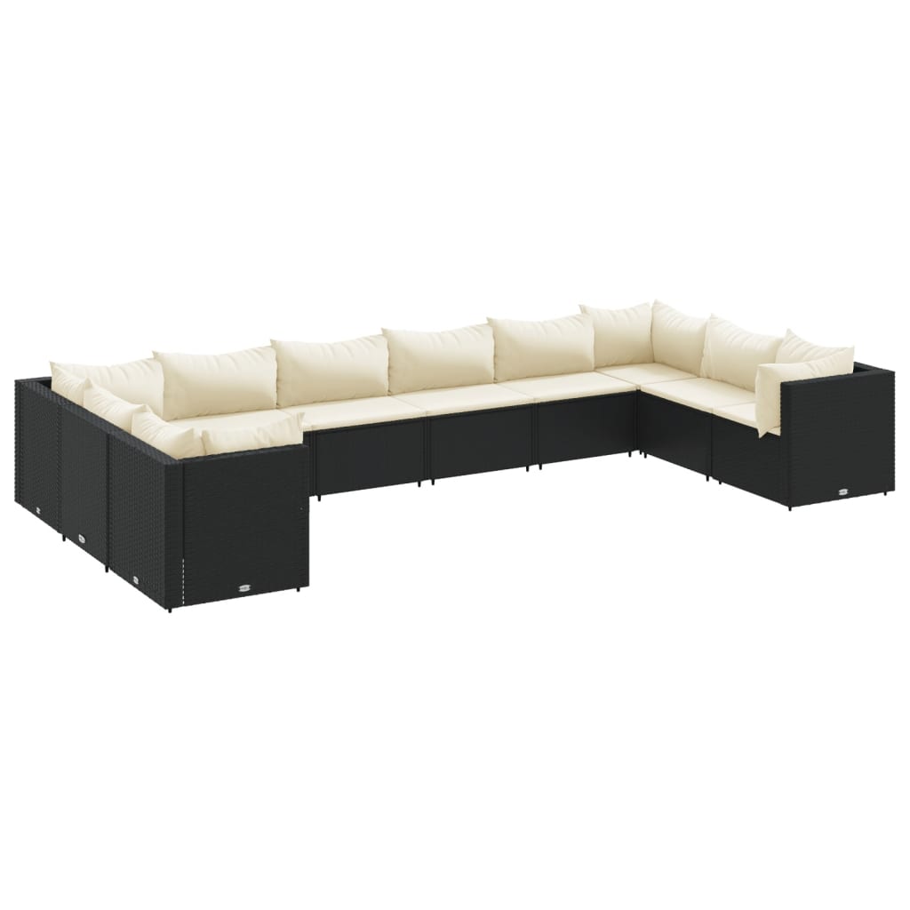 10-delige Loungeset met kussens poly rattan zwart