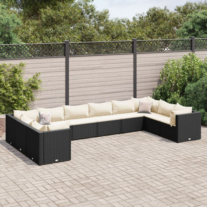 10-delige Loungeset met kussens poly rattan zwart