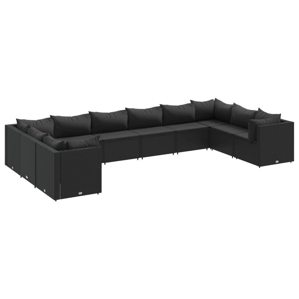 10-delige Loungeset met kussens poly rattan zwart