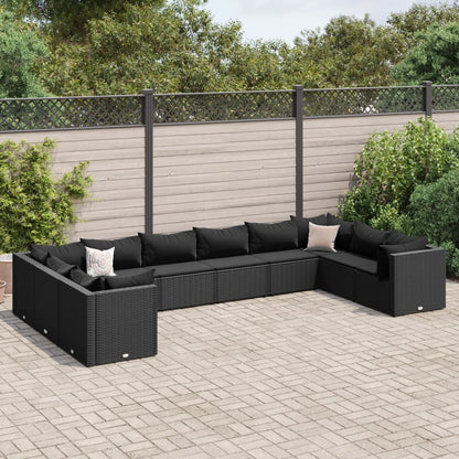 10-delige Loungeset met kussens poly rattan zwart