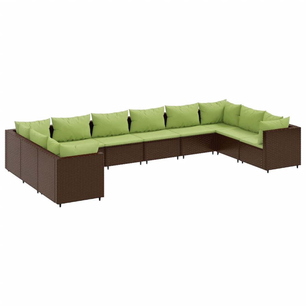 10-delige Loungeset met kussens poly rattan bruin