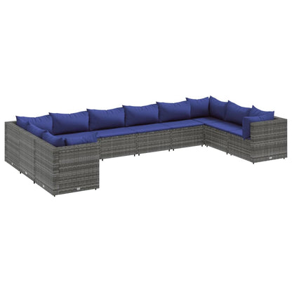 10-delige Loungeset met kussens poly rattan grijs