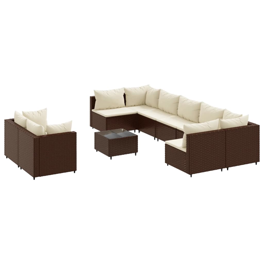 10-delige Loungeset met kussens poly rattan bruin