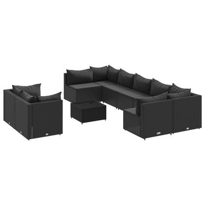 10-delige Loungeset met kussens poly rattan zwart