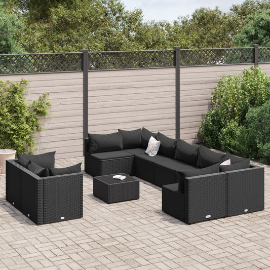 10-delige Loungeset met kussens poly rattan zwart