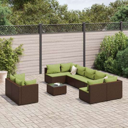 10-delige Loungeset met kussens poly rattan bruin