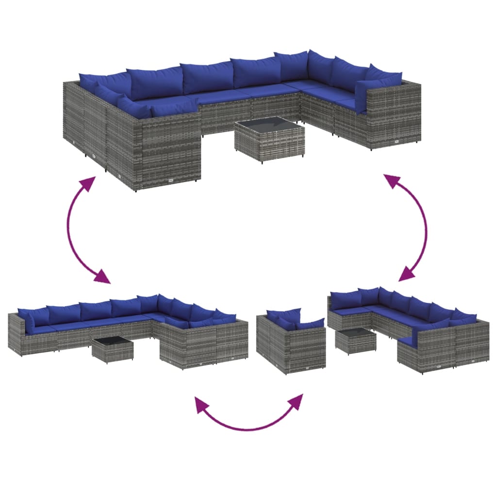 10-delige Loungeset met kussens poly rattan grijs