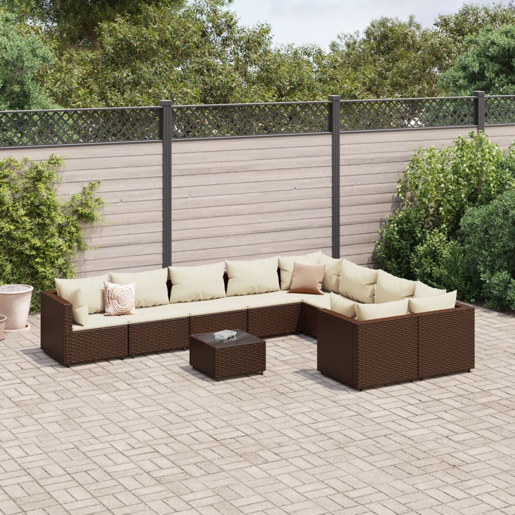 10-delige Loungeset met kussens poly rattan bruin