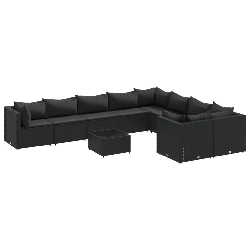 10-delige Loungeset met kussens poly rattan zwart