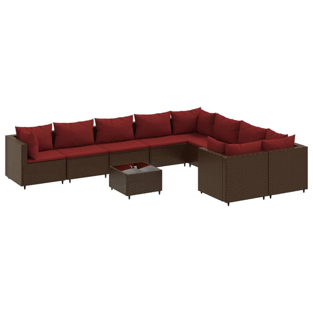 10-delige Loungeset met kussens poly rattan bruin