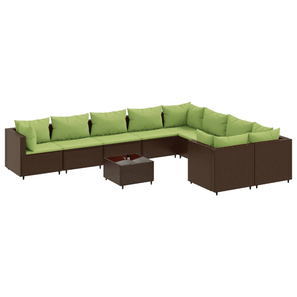 10-delige Loungeset met kussens poly rattan bruin