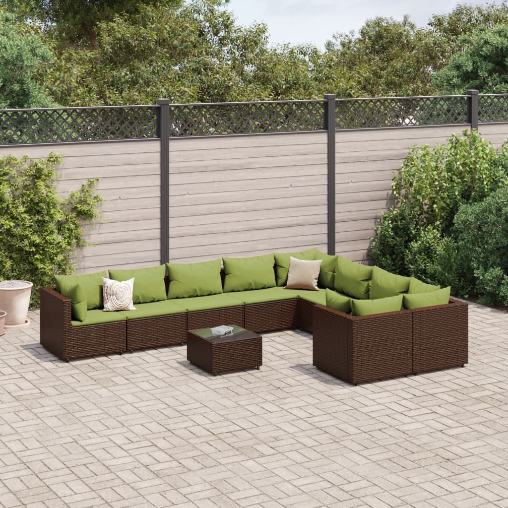 10-delige Loungeset met kussens poly rattan bruin