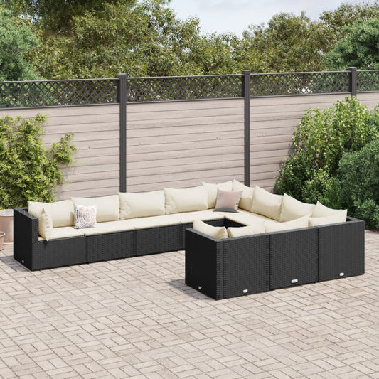 10-delige Loungeset met kussens poly rattan zwart