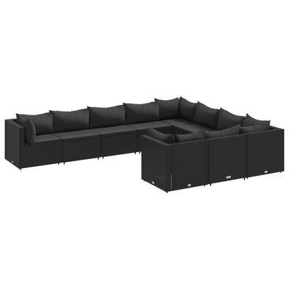 10-delige Loungeset met kussens poly rattan zwart