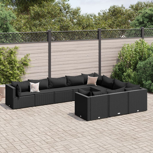 10-delige Loungeset met kussens poly rattan zwart