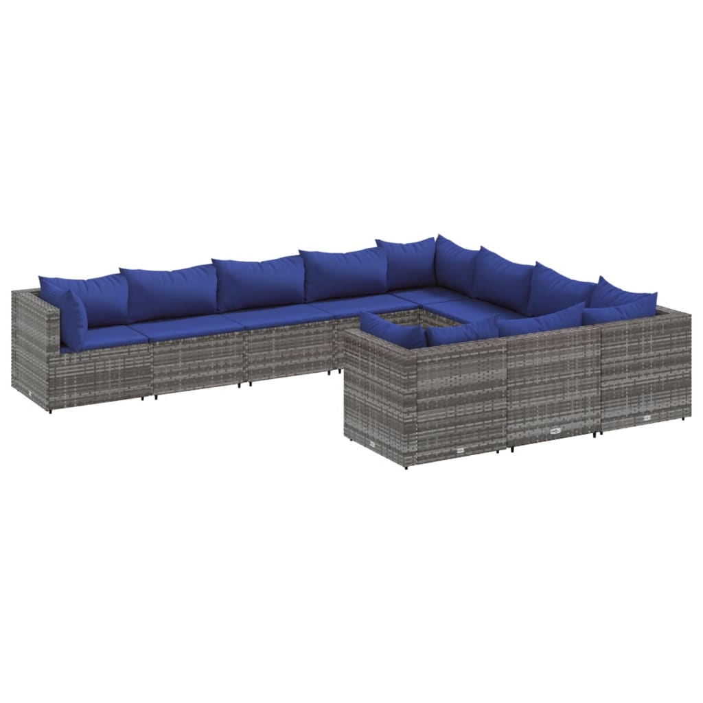 10-delige Loungeset met kussens poly rattan grijs