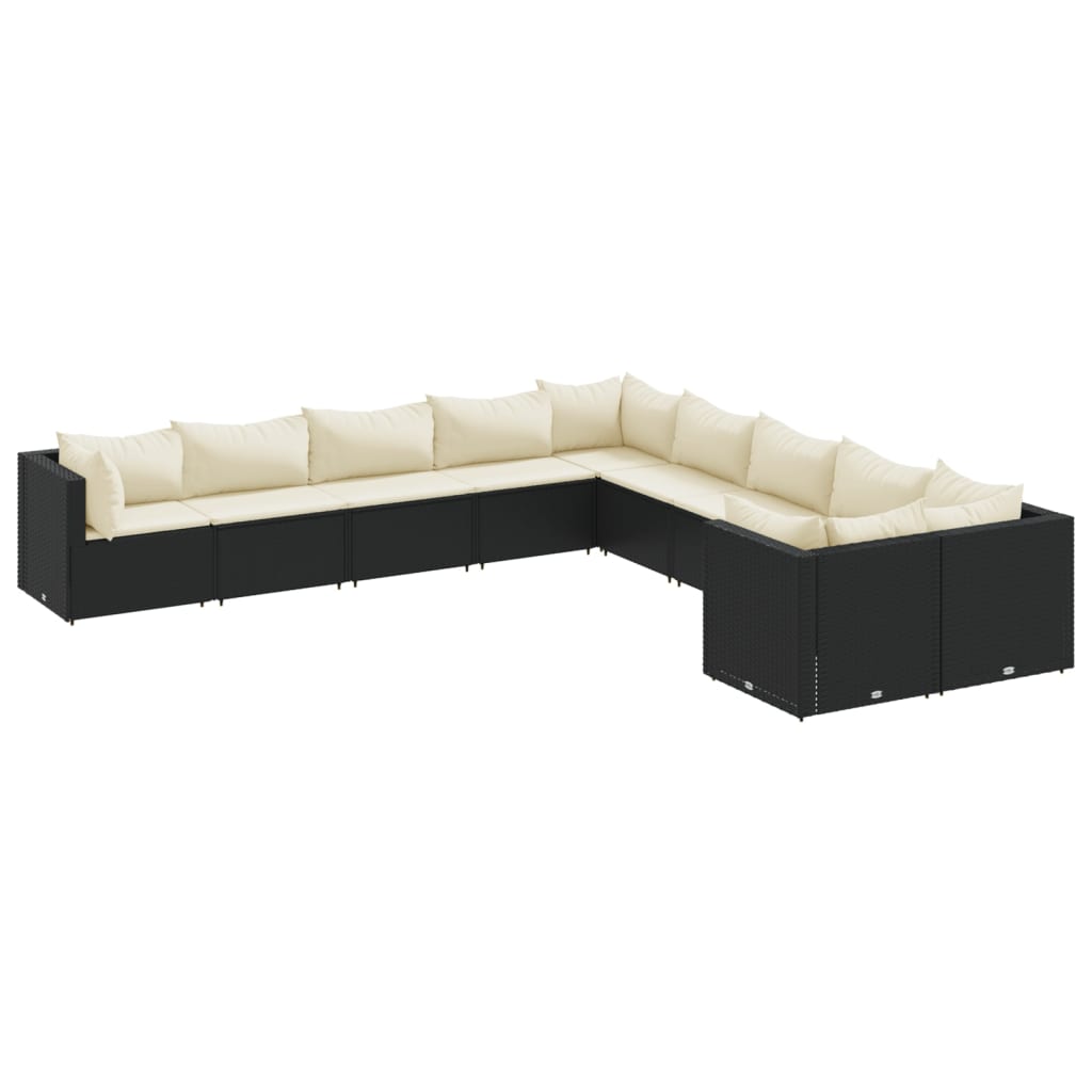 10-delige Loungeset met kussens poly rattan zwart