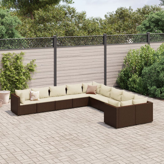 10-delige Loungeset met kussens poly rattan bruin